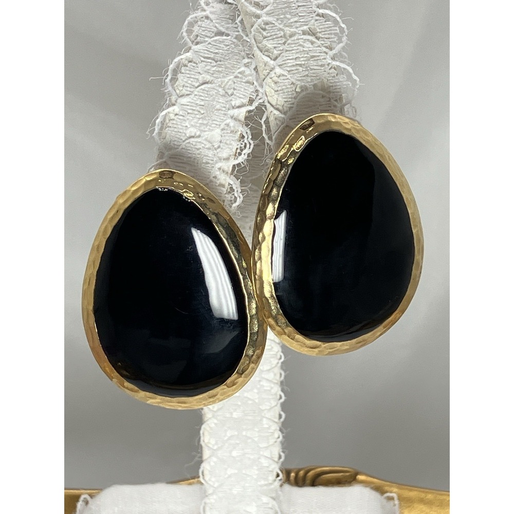 Vtg Earrings Gold Tone Black Enamel Bold Old Money Luxury Statement Estate 80's